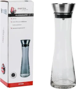 AXENTIA Glas-Glaskaraffe 1200 Ml Mit Edelstahldeckel, Ø 10 X H34 Cm, Wasser Kanne Mit Präzisem Ausgießer, Integriertes Sieb, Wasser Karaffe