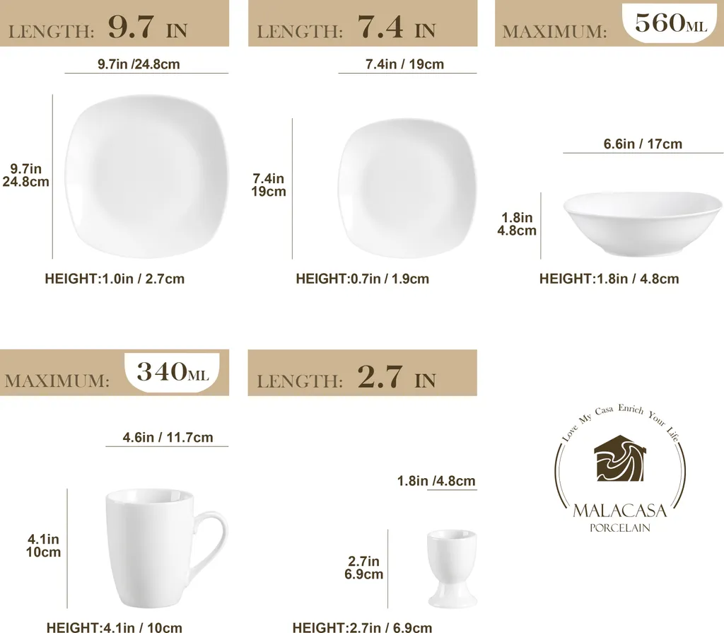 MALACASA, Serie Elisa, 40 Teilig Set Porzellan Tafelservice Kombiservice Geschirrset Mit Dessertteller, Speiseteller, Müslischalen, Eierbecher, Becher Für 8 Personen – Bild 2