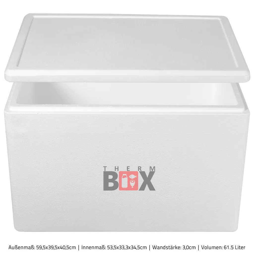 Styroporbox 61W | Wand: 3,0cm | Volumen: 61,5L | Innenmaß:53x33x34cm | Weiß Isolierbox Thermobox Kühlbox Warmhaltebox – Bild 2