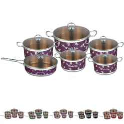 Kochgeschirr | 12 Tlg Kochtopfset | Induktion | Topf 18/10 Edelstahl | Lila Blumen