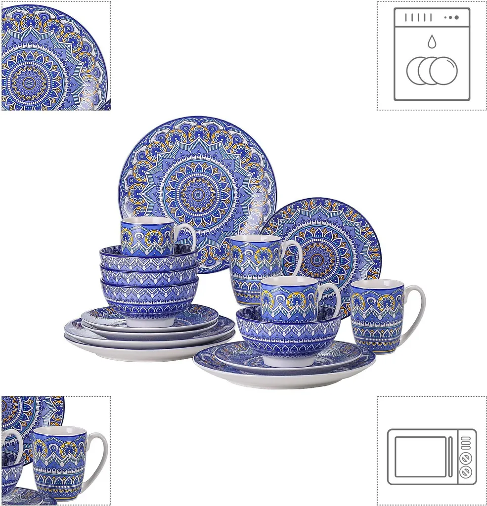 Vancasso Tafelservice Porzellan, Mandala 16 Teiliges Essgeschirr Kombiservice, Handbemaltes Geschirrset Für 4 Personen, Böhmischer Stil – Bild 2
