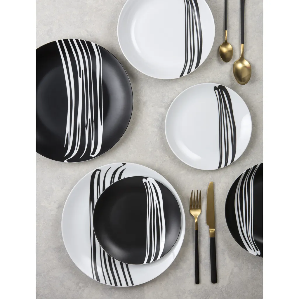 Waterside 0000006105 Tafelservice Milan Für 8 Personen + Streifen, Porzellan, Rund, Schwarz/weiß (1 Set, 24-teilig) – Bild 3