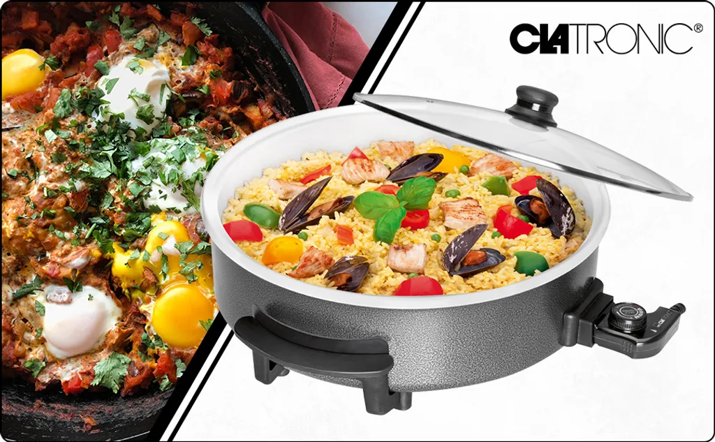 Clatronic PP 3570 C Elektropfanne XXL Partypfanne Elektrisch Mit Keramikbeschichtung Und Glas-Deckel,Ø 42 Cm Elektrische Multifunktionspfanne, Schwarz – Bild 8