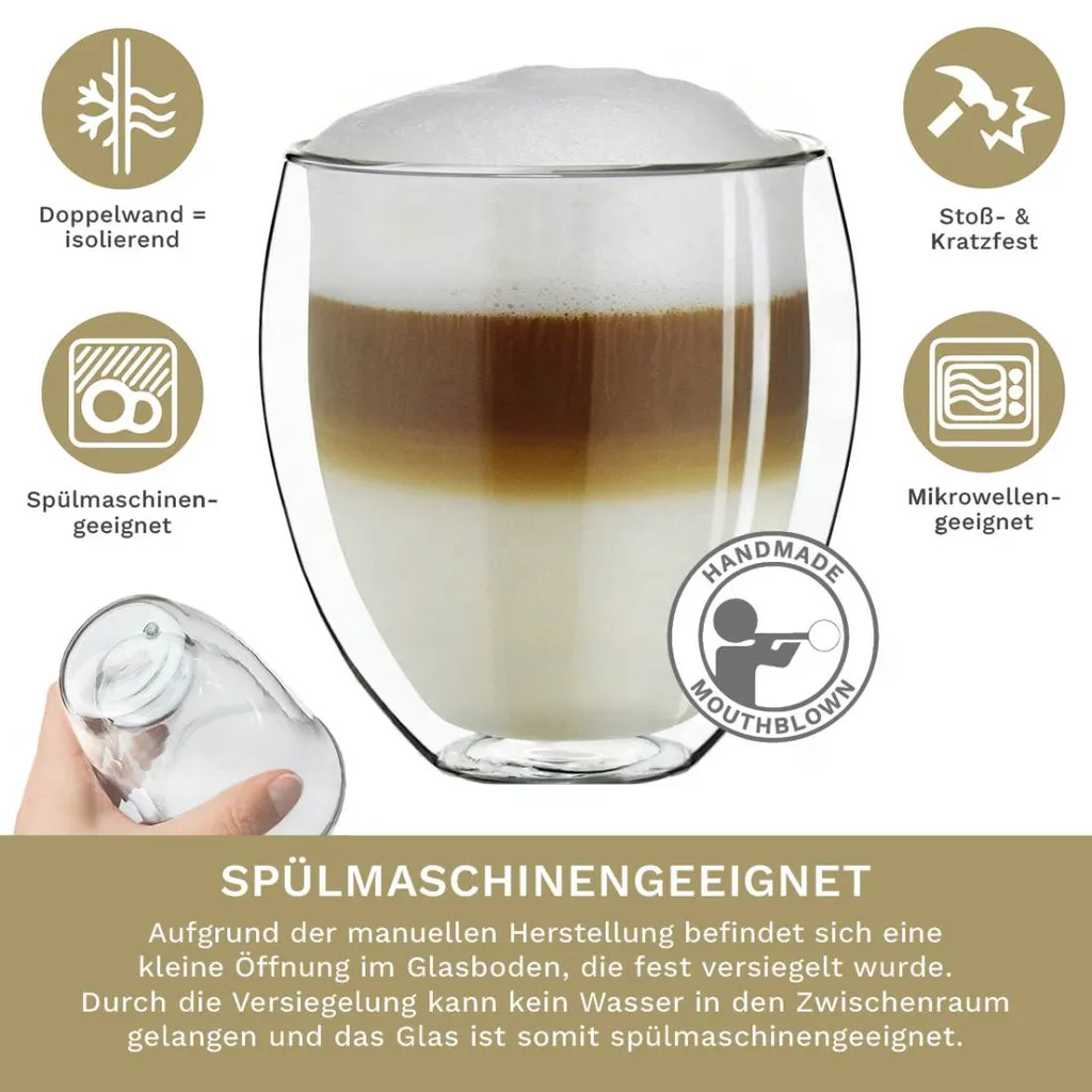Creano Doppelwandige Gläser 400ml „DG-Bauchig“, 4er Set, Großes Thermoglas Doppelwandig Aus Borosilikatglas, Kaffeegläser, Teegläser, Latte Gläser, Doppelwandgläser – Bild 3
