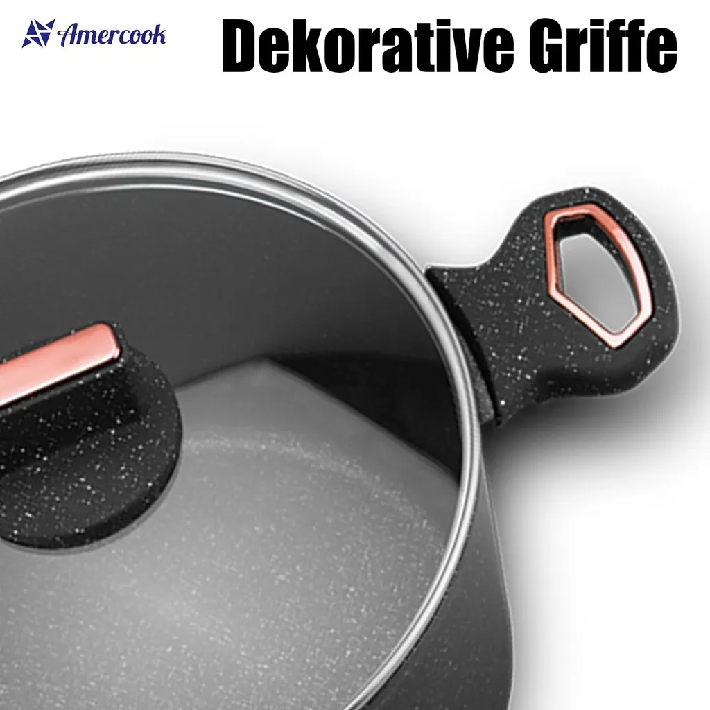 AMERCOOK Brittany 26 Cm Kochtopf Mit Deckel - Kasserolle Mit Deckel Für Alle Herdarten Topf Induktionsgeeignet Antihaft - Steinoptik Induktionstopf Antihaft- & Silikonbeschichtet Milchtopf – Bild 3
