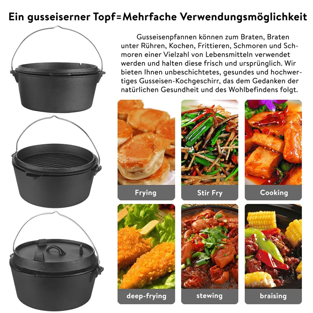 Mucola Gusseisen Feuertopf Gusstopf Inkl. Deckelgriff 2in1 Kochtopf & Pfanne 9,0L Dutch Oven Potjie Camping Kochgeschirr – Bild 5