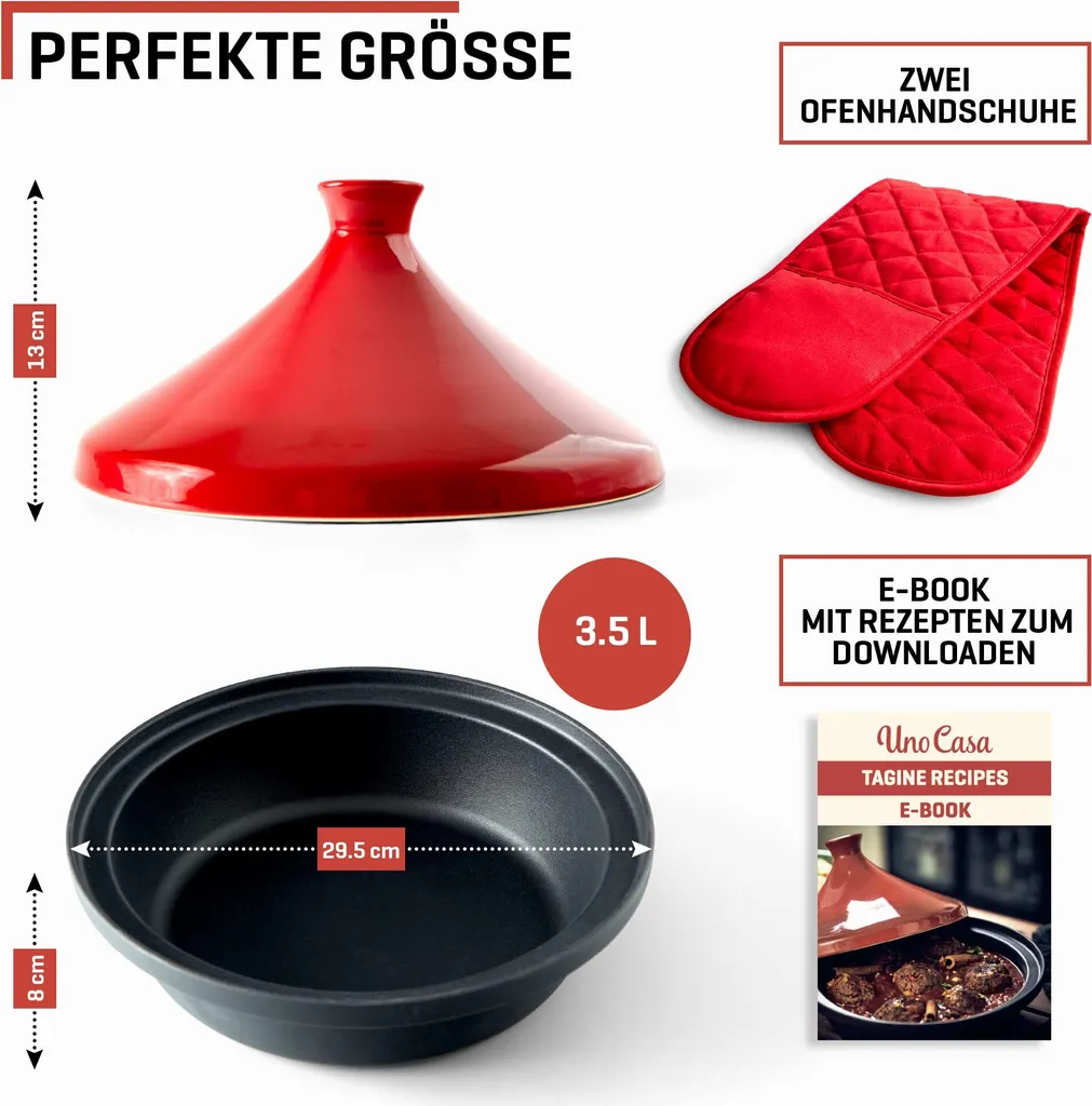 Uno Casa Tajine Topf - Marokkanische Tagine 3,5L Mit Emailliertem Gusseisen Boden Und Kegelförmigem - Gut – Bild 2