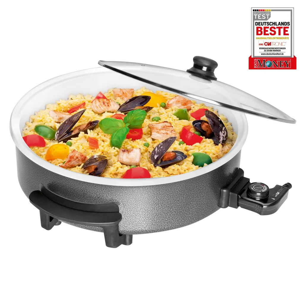 Clatronic PP 3570 C Elektropfanne XXL Partypfanne Elektrisch Mit Keramikbeschichtung Und Glas-Deckel,Ø 42 Cm Elektrische Multifunktionspfanne, Schwarz – Bild 7